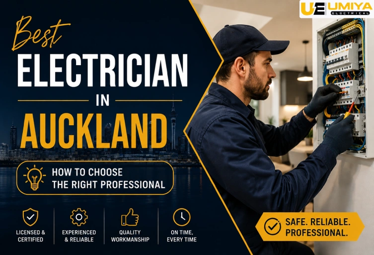 Professional blog thumbnail featuring a licensed electrician working on an electrical panel with the headline "Best Electrician in Auckland: How to Choose the Right Professional."